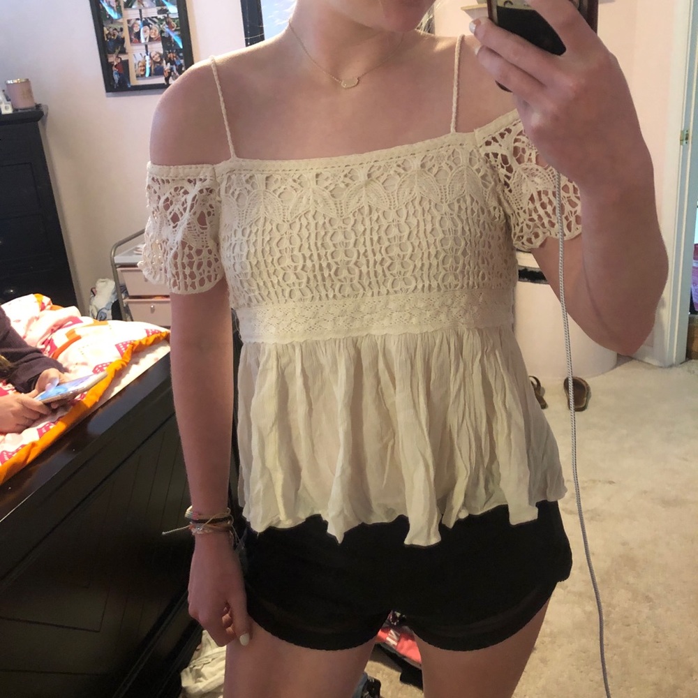 American Eagle White Crochet Off The Shoulder Top